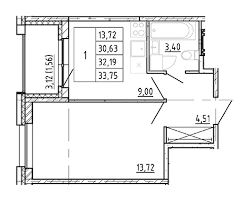 1-комнатная квартира 30.63 м², 7/12 эт., ЖК «Полис Новоселье»
